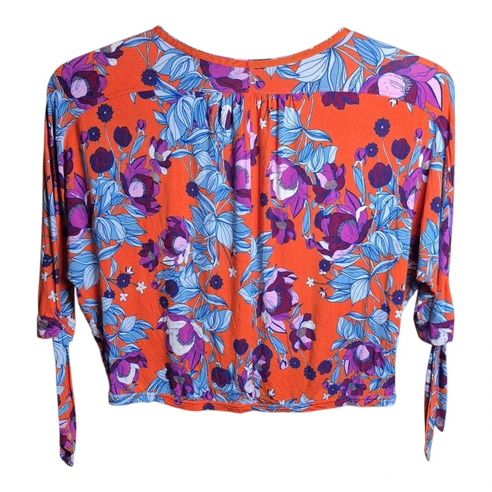 Free People Red Orange Keepin' On Floral Jersey Top Blouse Twist Front Women's S
